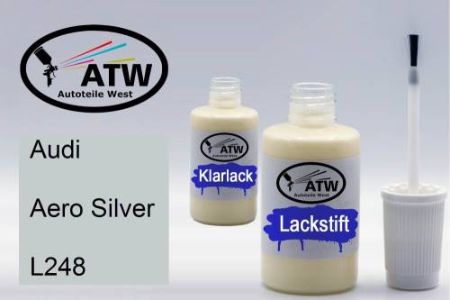 Audi, Aero Silver, L248: 20ml Lackstift + 20ml Klarlack - Set, von ATW Autoteile West.